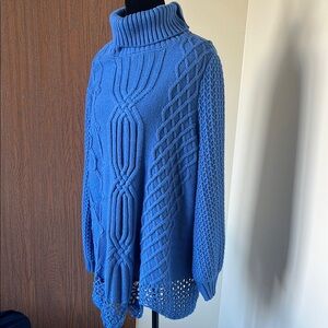Roaman's Blue Cowl Neck Cable Knit Sweater